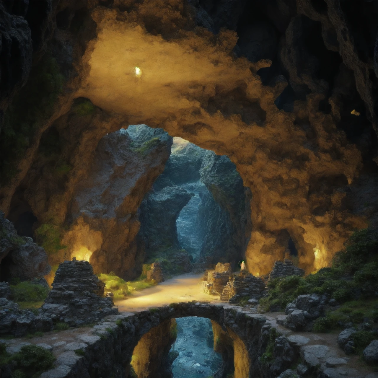 stone bridge, chasm, abyss, underground, huge open cavern, rock, <lora:elelpr:1>, elementalplaneearth, <lora:more_details:0.6>, high quality, highres, masterpiece, best quality, 8k, intricate, detailed, <lora:add_detail:0.6>, very detailed