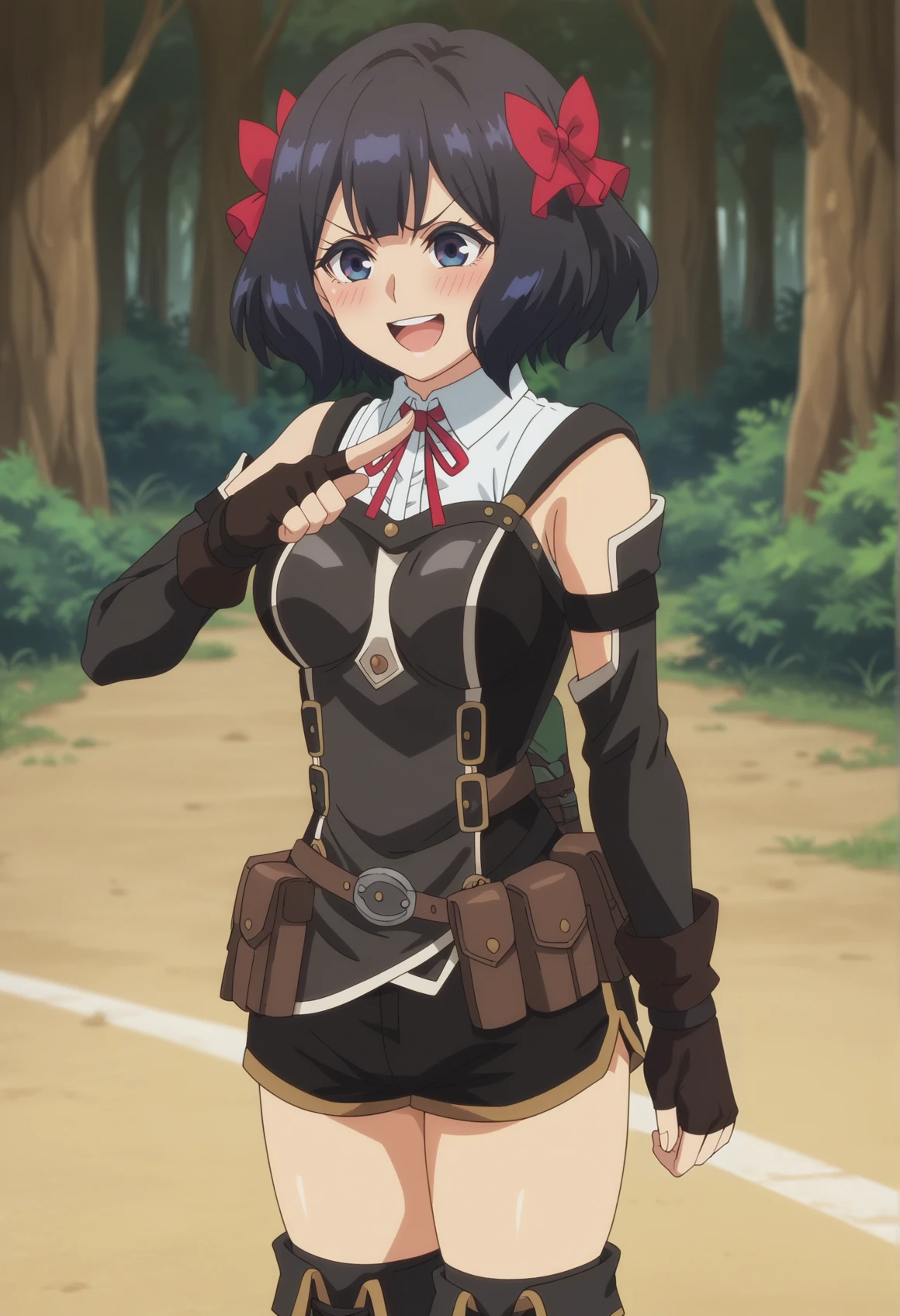 amime screencap, solo, smile, blush, upper teeth only, 1girl, short hair, black hair, hair ribbon, short dress, white shirt, lace trim, sleeveless, detached sleeves, fingerless gloves, shorts, thigh boots, belt, pouch, scabbard, pointing, outdoors, forest, cave entrance  <lora:Tino_nageki_poni:1>, score_9, score_8_up, score_7_up, score_6_up, score_5_up, score_4_up, BREAK source_anime, masterpiece