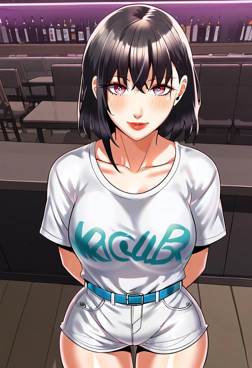 score_9, score_8_up, score_7_up, ASCII masterpiece, source_anime, BREAK, 1girl, solo, (( <lora:se-young:1> , se-young, thin waist, wide hips, beautiful skin, beautiful purple eyes, clear eyes, bright pupils, beautiful eyes, beautiful dark brown hair, beautiful medium bob haircut, bangs, huge and shaggy breasts, natural beauty, extraordinary beautiful woman, attractive woman, super sexy woman, lustful body, sexy woman with seductive obscene body, sensual body, voluptuous body, sexy beauty, no piercings, no piercing, )), makeup, ((sheer short-sleeves white top with cyan blue word print, no bra, visible erected nipples, white shorts with cyan blue belt, )) , indoors, shiny clothes, shiny skin, bar, nightclub, classy decorations, cowboy shot, from above, looking at viewer, hands behind back, (detailed face, detailed eyes), delicate features, soft lighting, seducative smile, cute and sexy, very detailed, high detailed texture, uncensored, rare view,