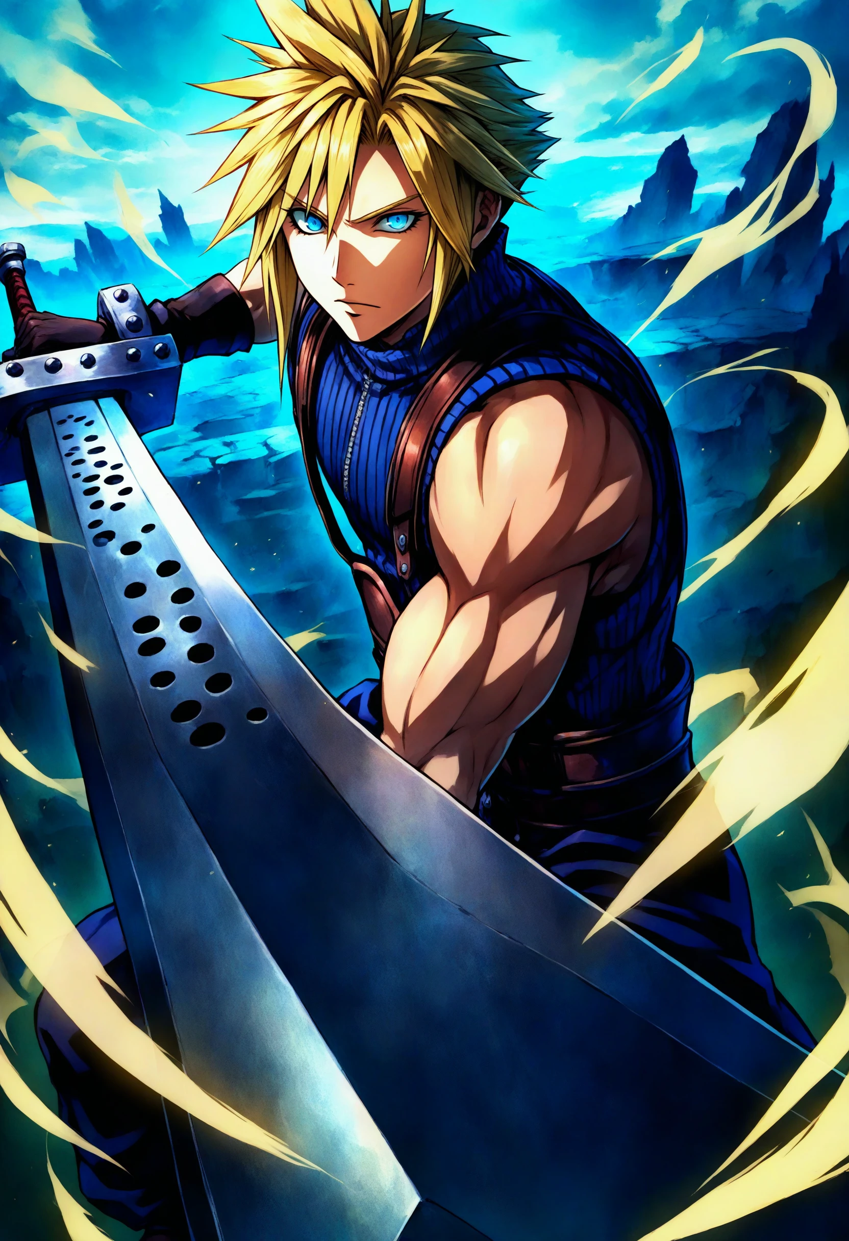 masterpiece, best quality, cloud strife, final fantasy, 1boy, blonde hair, blue eyes, holding weapon, buster sword, fighting stance, solo, outdoors, aiming at viewer, foreshortening, epic, aura,