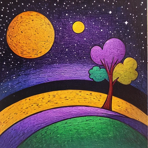 <lora:Naive_Storybook_Nouveau:1> ArsMJStyle, Naive Storybook Nouveau, The image shows a painting of a tree in the middle of a field illuminated by a crescent moon and stars in the night sky. The painting is done in a variety of colors including purple green and yellow and is on a white surface., no humans, star (sky), crescent moon, sky, starry sky, traditional media, night sky, moon, night, tree