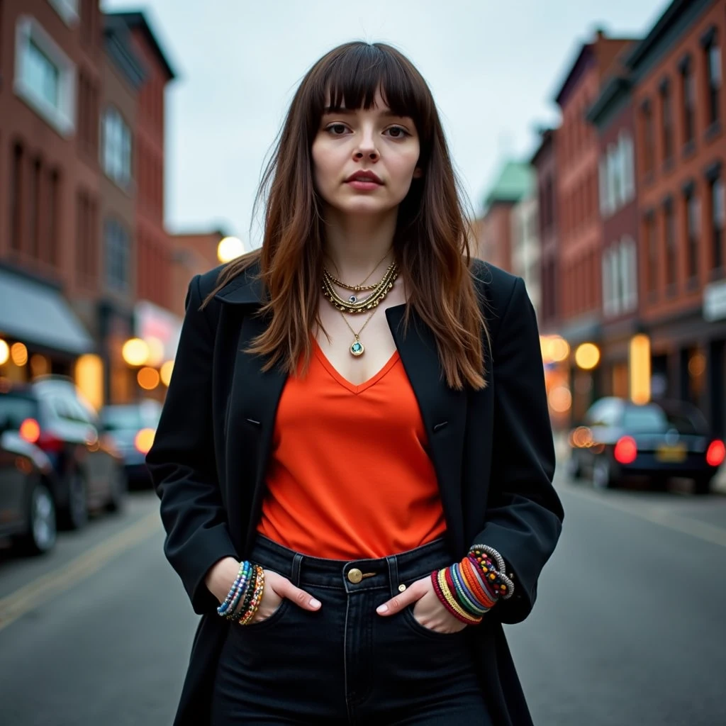 lmbr, cinematic, full body shot of Lauren Mayberry, she has long layers hair, she has slick back hair style, contrasting lights, in the town downtown of a quiet town, she's wearing 2000s fashion jacket, black denim pants, orange long slive shirt,  scarlet undershirt, she's wearing colorful necklaces, bracelets and gold colorful rings. The camera is fixed front-facing her, at dusk,  photorealistic, real photography, 8k, hd, 85mm  <lora:lauren-mayberry:1>, Photorealistic, Hyperrealistic, Hyperdetailed, analog style, soft lighting, subsurface scattering, realistic, heavy shadow, masterpiece, best quality, ultra realistic, 8k, golden ratio, Intricate, High Detail, film photography, soft focus, RAW candid cinema, 16mm, color graded portra 400 film, remarkable color, ultra realistic, textured skin, remarkable detailed pupils, realistic dull skin noise, visible skin detail, skin fuzz, dry skin, shot with cinematic camera