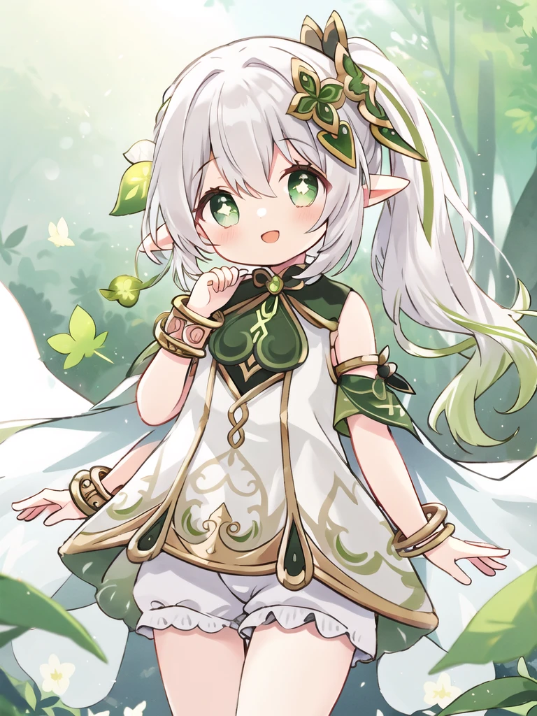 1girl,bloomers,bracelet,cross-shaped pupils,leaf hair ornament,looking at viewer,multicolored hair,nad armbands,nad hair cape,nad short sleeveless dress,nahida,pointy ears,side ponytail,smile,solo,sunlight,symbol-shaped pupils,white bloomers,<lora:Nahida_2024.9.21_version3-000026:0.55>,blurry background,forest,