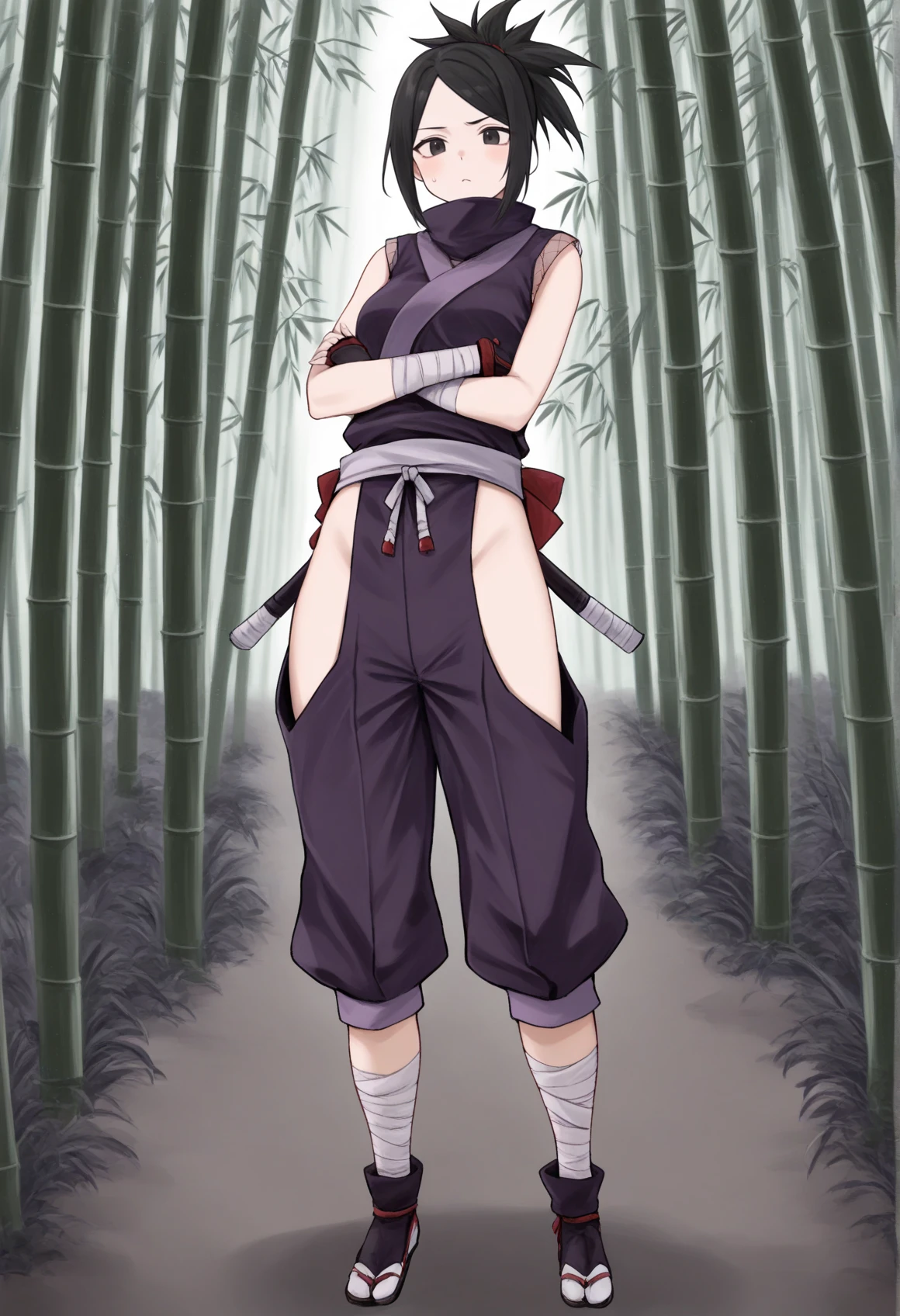 1girl, solo, medium hair, black hair, black eyes, ponytail, ayame3, ninja, japanese clothes, bare shoulders, fingerless gloves, pants, hip vent, legwear bandages, tabi, sandals, purple clothes, outdoors, bamboo forest, crossed arms, standing, full body, cowboy shot  <lora:Ayame_Tenchu_Illus_v2:1>, masterpiece, best quality, amazing quality, very aesthetic, absurdres, highres, newest