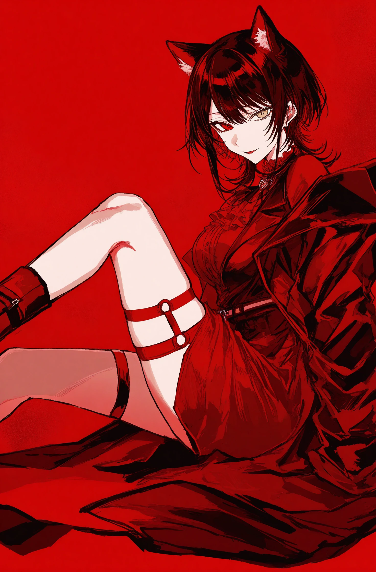 masterpiece, best quality, illustration, kuroume, 1girl, red theme, solo, looking at viewer, virtual youtuber, heterochromia, red background, thigh strap, animal ears, monochrome, sitting