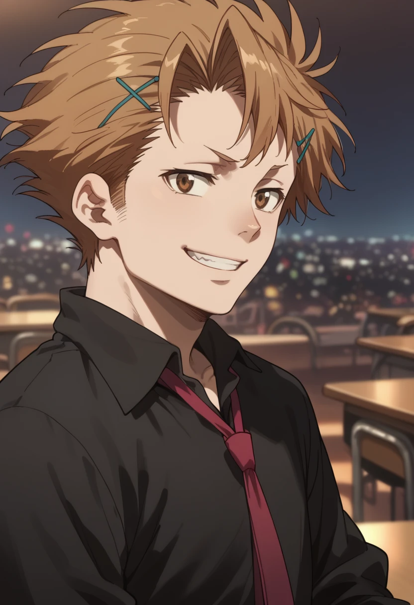 score_9, score_8_up, score_7_up, score_6_up, source_anime, absurdres, highres, 
from side,
kagari shuusei, solo, looking at viewer, smile, closed mouth, grin, shirt, brown hair, hair ornament, 1boy, brown eyes, upper body, male focus, necktie, hairclip, black shirt, <lora:Shusei_Kagari__Psycho-Pass:1.0>