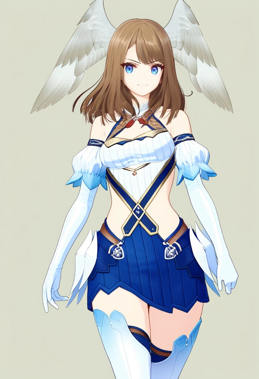 masterpiece, best quality, good quality, 1girl, solo, cowboy shot, walking, cosplay, thigh boots, suspender skirt, ribbed shirt, elbow gloves, eunie, blue eyes, medium hair, head wings, simple background<lora:eunie illustrious 003:1>