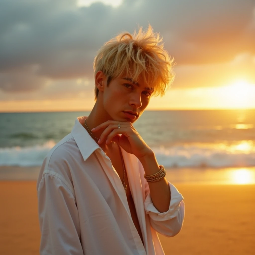 aesthetic_pose, dynamic_pose, dramatic_lightning, solo, looking at viewer, short hair, shirt, blonde hair, 1boy, holding, jewelry, white shirt, upper body, male focus, necklace, shadow, weibo username, weibo logo, The scene is set on a serene beach with golden sands, as the sun sets on the horizon, casting warm, orange hues across the sky and ocean. A young man with tousled blond hair stands near the water's edge, wearing a loose white shirt. His posture is relaxed, with his right hand near his chin and the warm sunlight creating dramatic shadows behind him. The gentle waves crash in the background, completing the tranquil atmosphere. Negative Prompt: urban, cloudy, stormy, bad hands, low resolution, deformed, cropped.