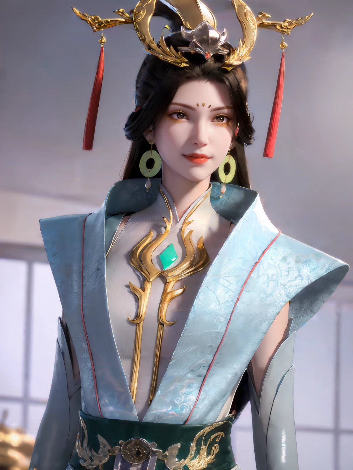 <lora:xuanxi128+64:0.8>,xuanxi,1girl,jewelry,earrings,solo,white ribbon,red tassel hair ornament,dress,forehead mark,long hair,black hair,facial mark,closed mouth,hair ornament,shiny clothes,narrow waist,gold trim,(pale skin:1.2),shiny skin,arms behind back,looking at viewer,glowing eyes,
highres,absurdres,masterpiece,4k,8k,best quality,
simple background,marble walls,curtains,sunlight,face light,depth of field,upper body,shiny,smile,