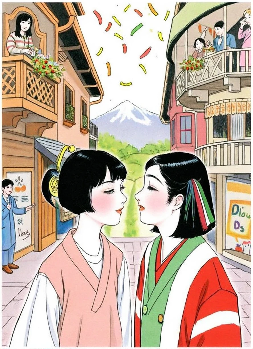 shigerusudo illustration. a pedestrian-friendly street in a small town. two young women in the foreground, their lips locked in a kiss. they each have a small rainbow painted on the side of their cheeks. they are blushing slightly, their eyes closed. in the background, people standing on ornate wood-carved balconies on either side of the street are throwing confetti. confetti is falling down all around. in the distance is a verdant meadow with an alpine mountain on the horizon.