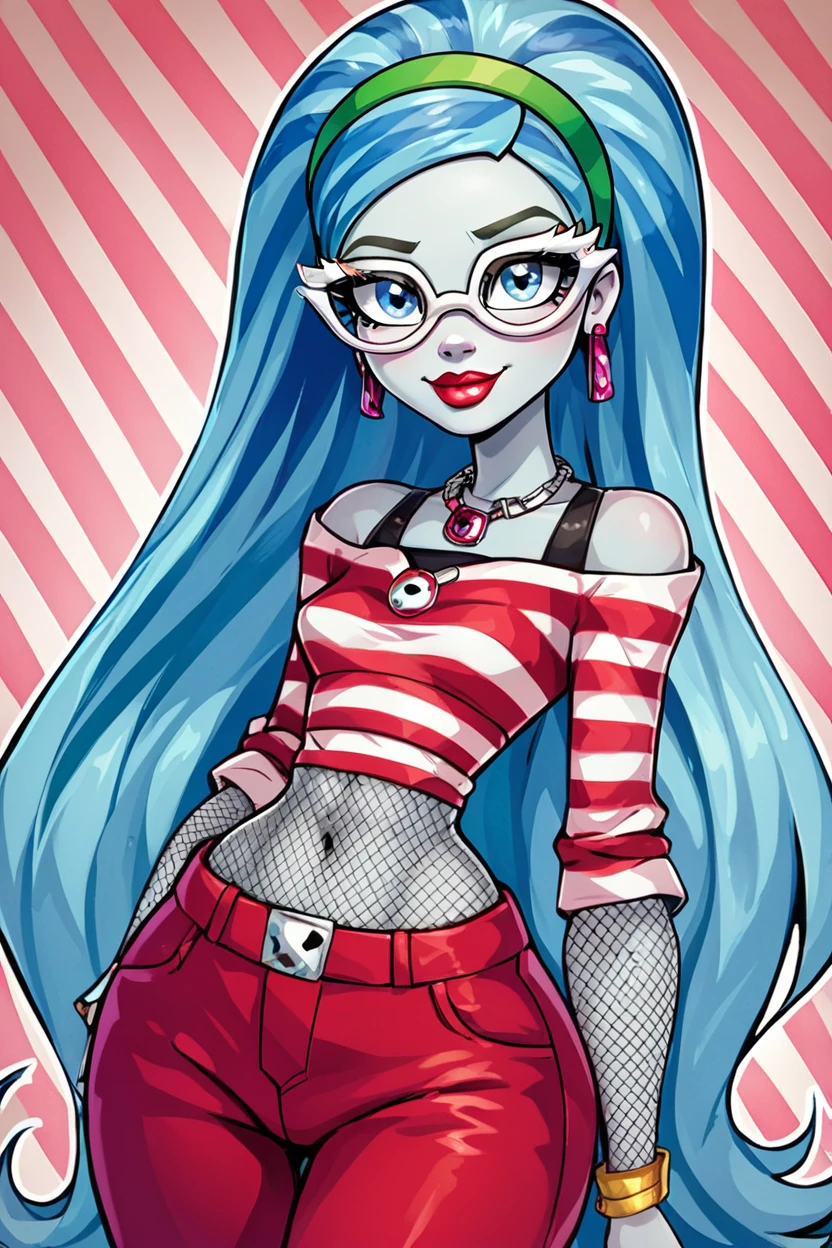 score_9, score_8_up, score_8, medium breasts, (curvy), cute, eyelashes,      rating safe,  BREAK,  zzGhoulia, long hair, blue hair, glasses, colored skin, blue eyes, very long hair,  jewelry, hairband, earrings, makeup, lipstick, striped, necklace, red pants, fishnets,  <lora:Ghoulia_MH_PDXL:0.8>,   BREAK, smile, looking at viewer,  abstract background, white outline,   embedding:zPDXL, Expressiveh,  <lora:CatalystStylePDXL:0.6>,  <lora:SDXLFaeTastic2400:0.5>,  <lora:Expressive_H-000001:0.4>,