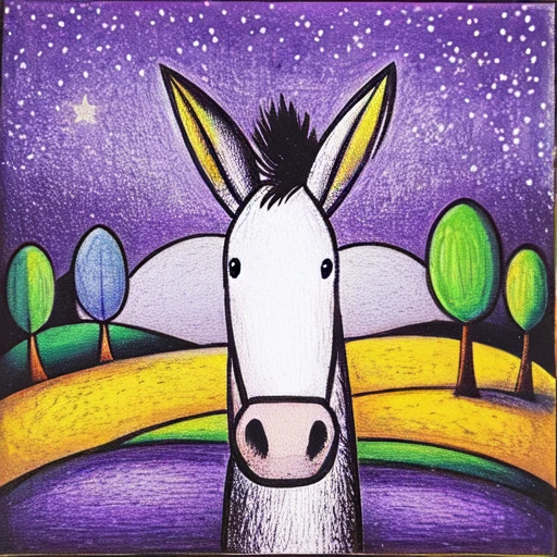 <lora:Naive_Storybook_Nouveau:1> ArsMJStyle, Naive Storybook Nouveau, The image shows a painting of a donkey standing in a field with trees in the background and a starry night sky above., no humans, traditional media, star (sky), sky, starry sky, outdoors, night sky, night, solo, black eyes