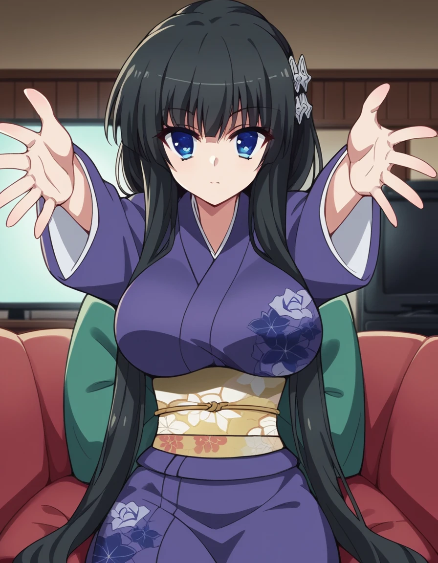 score_9, score_8_up, score_7_up, source_anime, <lora:senka-yorozu-s1-ponyxl-lora-nochekaiser:1>, senka yorozu, long hair, blue eyes, black hair, hair ornament, very long hair, large breasts,, long sleeves, japanese clothes, kimono, sash, obi, living room, television, couch, popcorn, watching movie, night time, sitting,, , looking at viewer, on back, arm support, arms up, incoming hug, pov, reaching, reaching towards viewer,, solo,, cowboy shot, dutch angle,