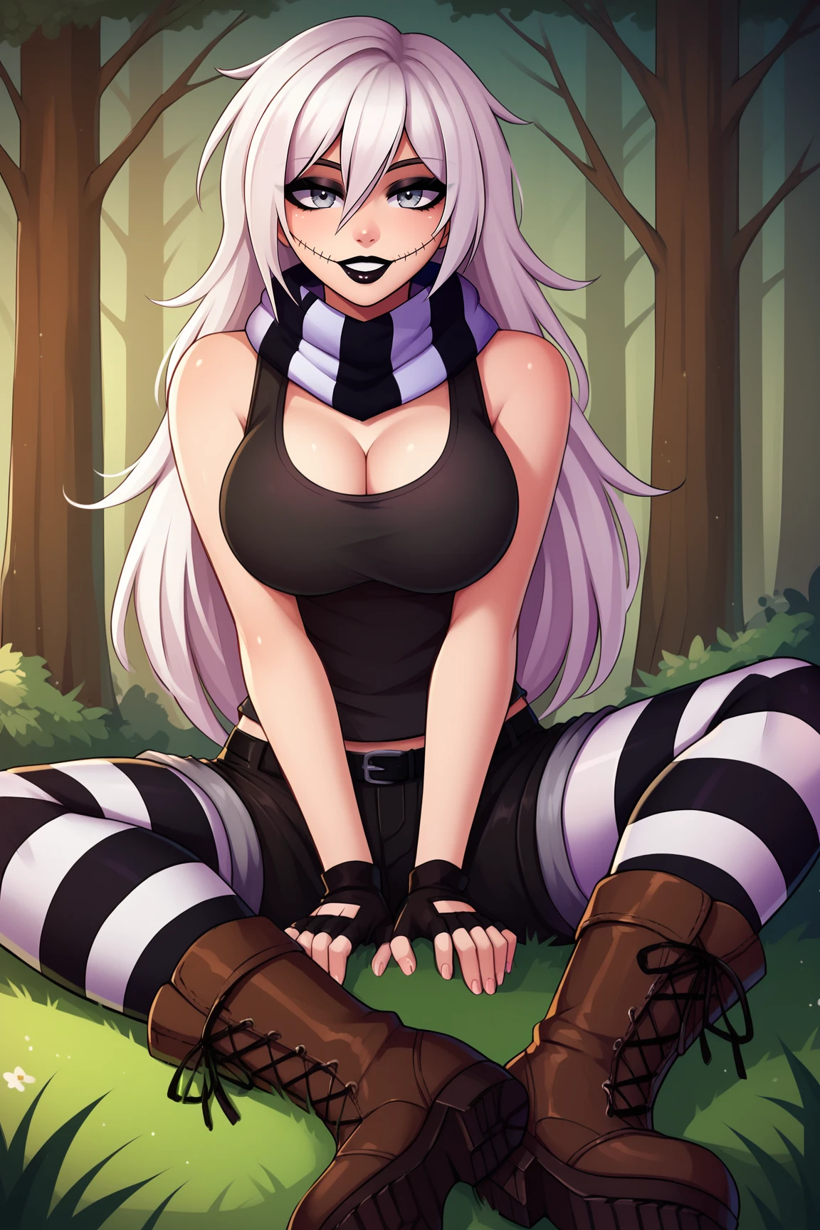 score_9, score_8_up, score_7_up, score_6_up, BREAK, ZeroCYPAXLv2, white skin, colored skin, black lips, stitches on mouth, grey eyes, black eyeshadow, white hair, long hair, hair between eyes, large breasts, white scarf, striped scarf, cleavage, black tank top, black gloves, fingerless gloves, black belt, black shorts, striped pantyhose, brown boots, solo, sitting, bellow view, seductive smile, looking at viewer, forest  <lora:ZeroCYPAXLv2:1>