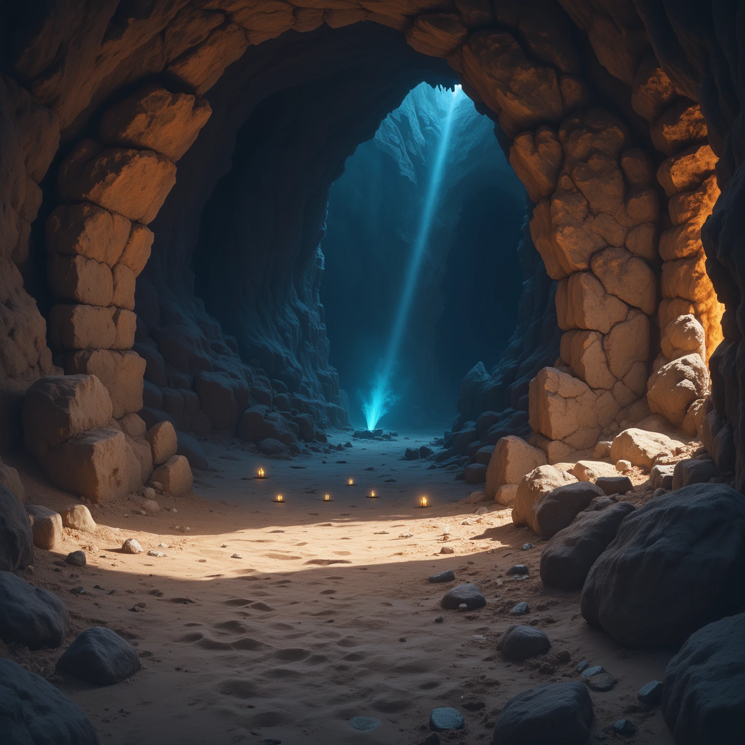 This is a digital artwork depicting a dark, mysterious cave scene. The image is rendered in a realistic, three-dimensional style, with detailed textures and shading. The cave walls are jagged and uneven, with a variety of dark blue and black hues, creating a sense of depth and shadow. The ground is covered in a mixture of dark brown and reddish-brown dirt, adding to the earthy and rugged feel of the environment.
In the center of the image, a small figure stands, illuminated by a faint light source. The figure appears to be a person, wearing a dark, form-fitting outfit that blends into the shadows. The person is holding a small, glowing light source, which casts a soft, warm glow on the ground and their immediate surroundings, creating a stark contrast with the dark, shadowy cave.
The background features a series of tall, cylindrical stalagmites and stalactites, some of which are lit by the same soft glow, while others remain shrouded in darkness. The overall atmosphere is eerie and foreboding, with a sense of isolation and mystery. The lighting and shadows enhance the sense of depth and the eerie, otherworldly feel of the cave.,  BREAK score_9, score_8_up, score_7_up, best quality, masterpiece, 4k, prefect lighting, rating_explicit, very aesthetic, uncensored, zPDXL2 <lora:ele:1>, elementalplaneearth