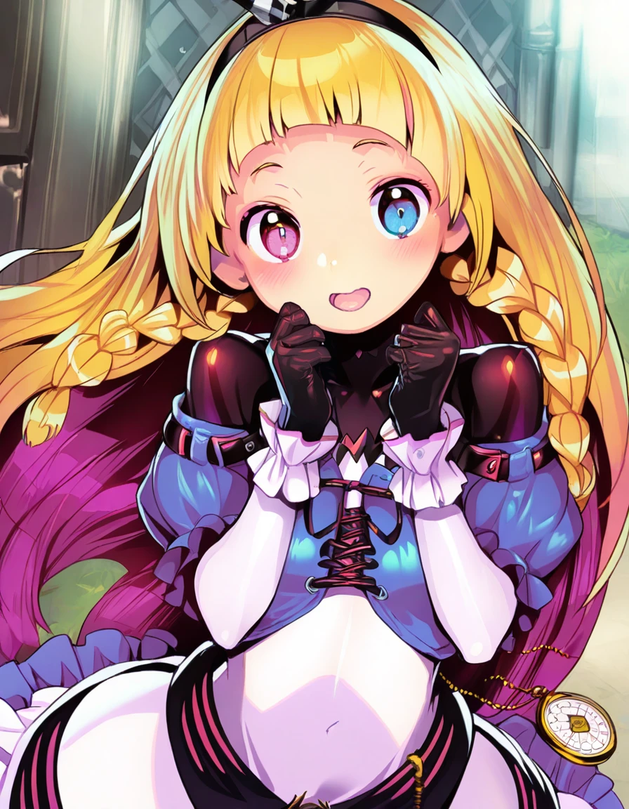 alyce_(dohna_dohna), blonde hair, long hair, pink eyes,blue eyes,heterochromia,twin braids, blunt bangs, side braids,
black hairband, bodysuit under clothes, black bodysuit, frilled dress, black gloves, argyle clothes, blue dress, white dress, watch, pocket watch, black footwear, frills, argyle legwear, pantyhose,two-tone dress, shoes, cross-laced dress, puffy sleeves, short sleeves, long sleeves, ribbon
<lora:alyce_(dohna_dohna)_Illustrious-XL_v1:1>
standind, dynamic pose ,
open mouth, blush,light smile
looking at viewer,upper body,close-up,
outdoors,, 1girl,solo,
masterpiece,best quality,very aesthetic,absurdres,safe, newest