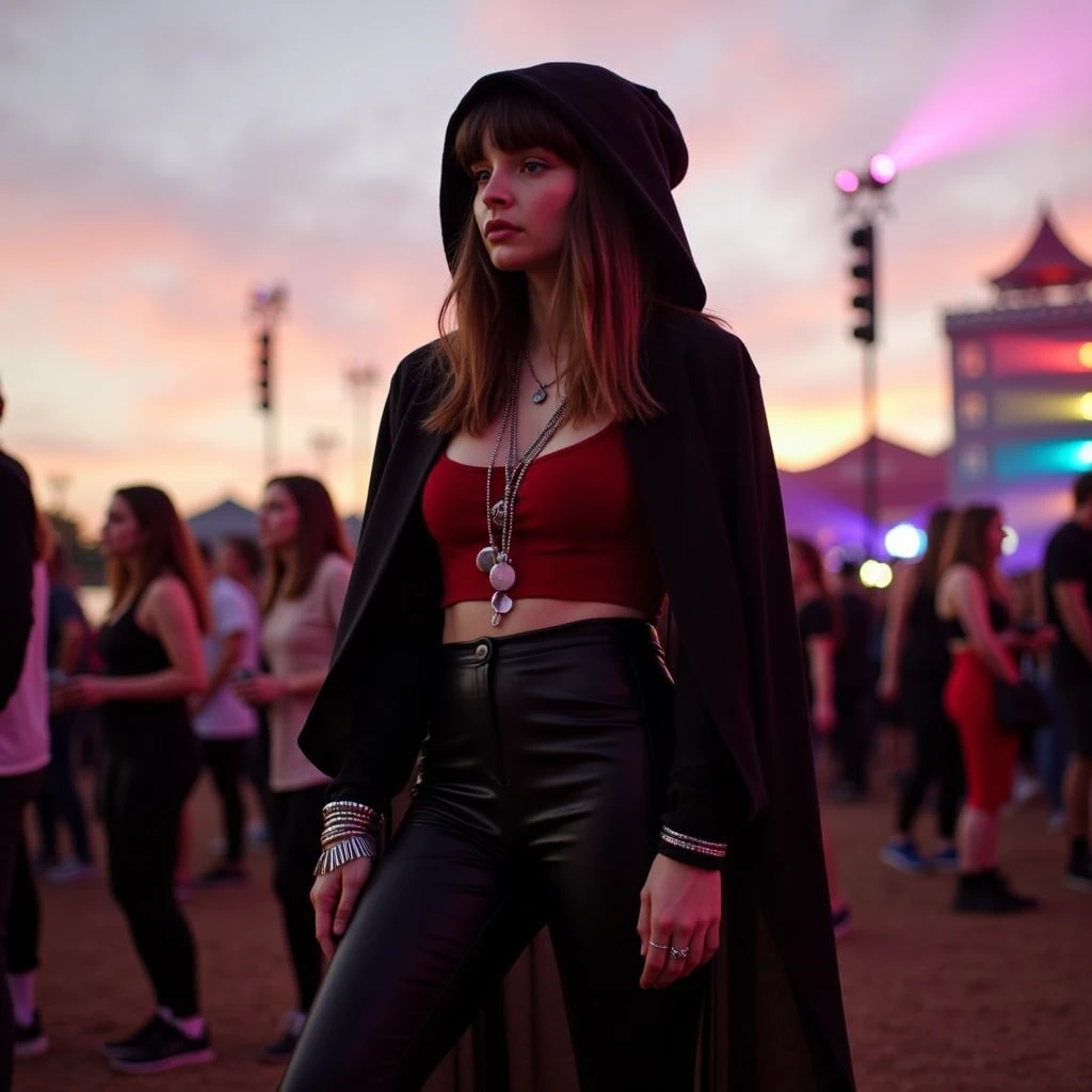 lmbr, cinematic, full body shot, contrasting lights, in an outdoors  music festival, she's wearing a hoodie, lycra pants, black long sleeved shirt, sorceress headdress, scarlet undershirt, she's wearing necklaces, bracelets and silver colorful rings. The camera is fixed side viewing her, at dusk,  photorealistic, real photography, 8k, hd  <lora:lauren-mayberry:1>, Photorealistic, Hyperrealistic, Hyperdetailed, analog style, soft lighting, subsurface scattering, realistic, heavy shadow, masterpiece, best quality, ultra realistic, 8k, golden ratio, Intricate, High Detail, film photography, soft focus, RAW candid cinema, 16mm, color graded portra 400 film, remarkable color, ultra realistic, textured skin, remarkable detailed pupils, realistic dull skin noise, visible skin detail, skin fuzz, dry skin, shot with cinematic camera