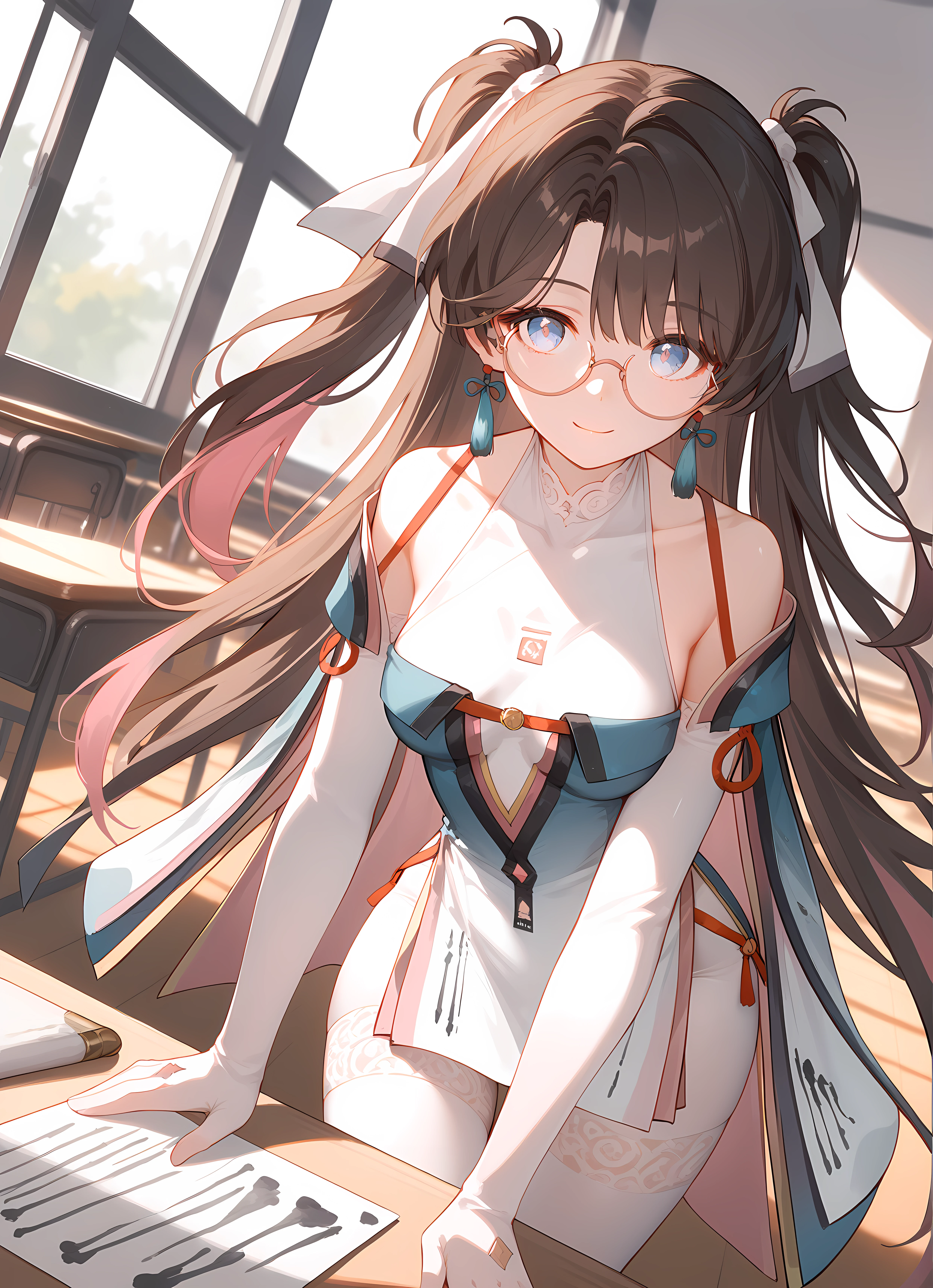 score_9,score_8_up,score_7_up,ohwx, 1girl, solo, long_hair, glasses, earrings, jewelry, breasts, ribbon, hair_ribbon, black_hair, brown_hair, multicolored_hair, two_side_up, blue_eyes, medium_breasts, round_eyewear, twintails, very_long_hair, semi-rimless_eyewear, white_ribbon, pink_eyes, pink_hair, purple_eyes,dress, bare_shoulders, paintbrush, white_pantyhose, pantyhose, chinese_clothes, clothing_cutout, thighhighs, white_thighhighs, scroll, gloves, detached_sleeves, long_sleeves,standing, leaning forward, looking at viewer, light smile, closed mouth, shiny skin, tight clothes, window, sunlight, classroom, blurry, cowboy shot, dutch angle, close-up,<lora:zhezhi_pony_sobsynapse-000003:1>