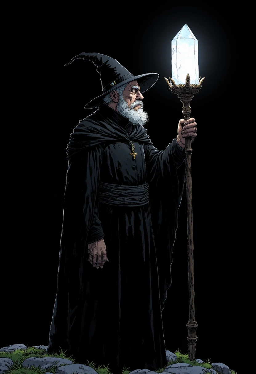 Artsy illustration style. An old wizard wearing black robes stands on a solid black background. You can only see him because of the low light coming off of the crystal on his staff. Glowing Large crystaline Text above the wizard reads "Artsy Illustration"