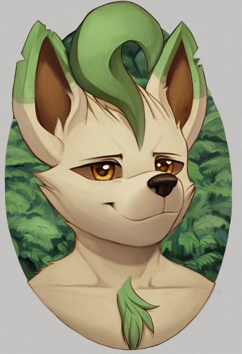 Leafeon[POKEMON], leaf like details, k9, cream-coloured fur, cream-coloured body, leaf for a tail, leaf on head, leaves for ears, k9 shaped ears, brown details, brown glove like pattern, brown sock like pattern, brown sclera, white pupils, (Male Anthro dog:1.5).
Solo, alone, by himself, 1boy, male.
naked, nude, 
bara, bara body, muscles. (bara body), (cream-coloured body:1.1),
HD, digital painting, digital art, masterpiece.
Headshot, head focus, close to face, closeup, bustshot.
Happy emotion, happy. 
Outside, battlefield, ww1. (outside:1.1) 
HD, digital painting, digital art, masterpiece ((headshot)), digital drawing (artwork), digital media (artwork), hi res.  negative_hand. PLNA[Style], Art by PLNA[Style], furry, furry art, cartoon like, anthro,