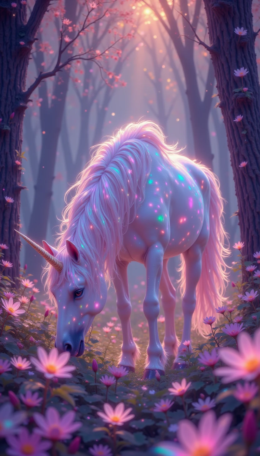 pinkiridescent,A magical unicorn grazing in a forest filled with glowing flowers. Its mane and tail glow with an iridescent effect, shimmering in pink, blue, and silver as the sunlight filters through the trees. The unicorn’s horn glows faintly in the magical setting