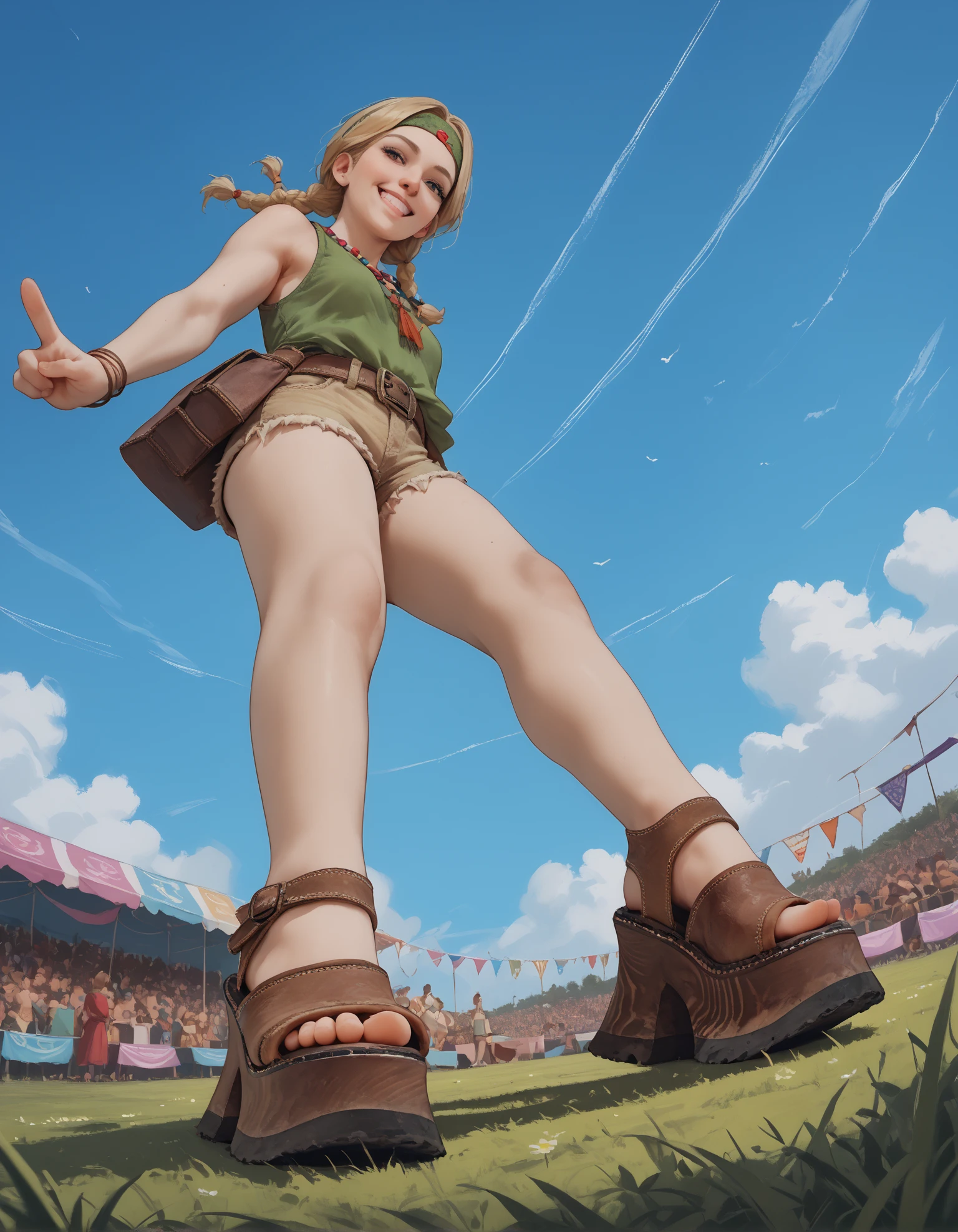 score_9, score_8_up, score_7_up, score_6_up, realistic,
wide angle, low angle, from side, foot focus,
outdoors, grass, concert, festival,
looking down, v, happy,
hippie tunic, frayed shorts, 
1girl, 
blonde hair,  
feet, toes, 
luankl3 sandals, platform footwear,
embedding:zPDXLrl ,
embedding:zPDXL2 ,