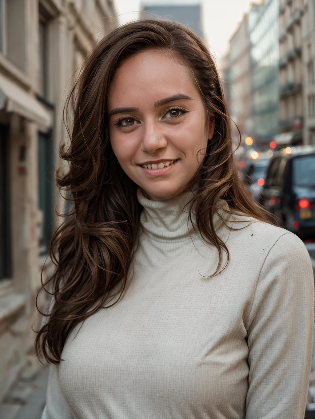 <lora:PCF_SarahKnafo_v2:1>, 1girl, smile, (turtleneck:1.2), portrait, city background