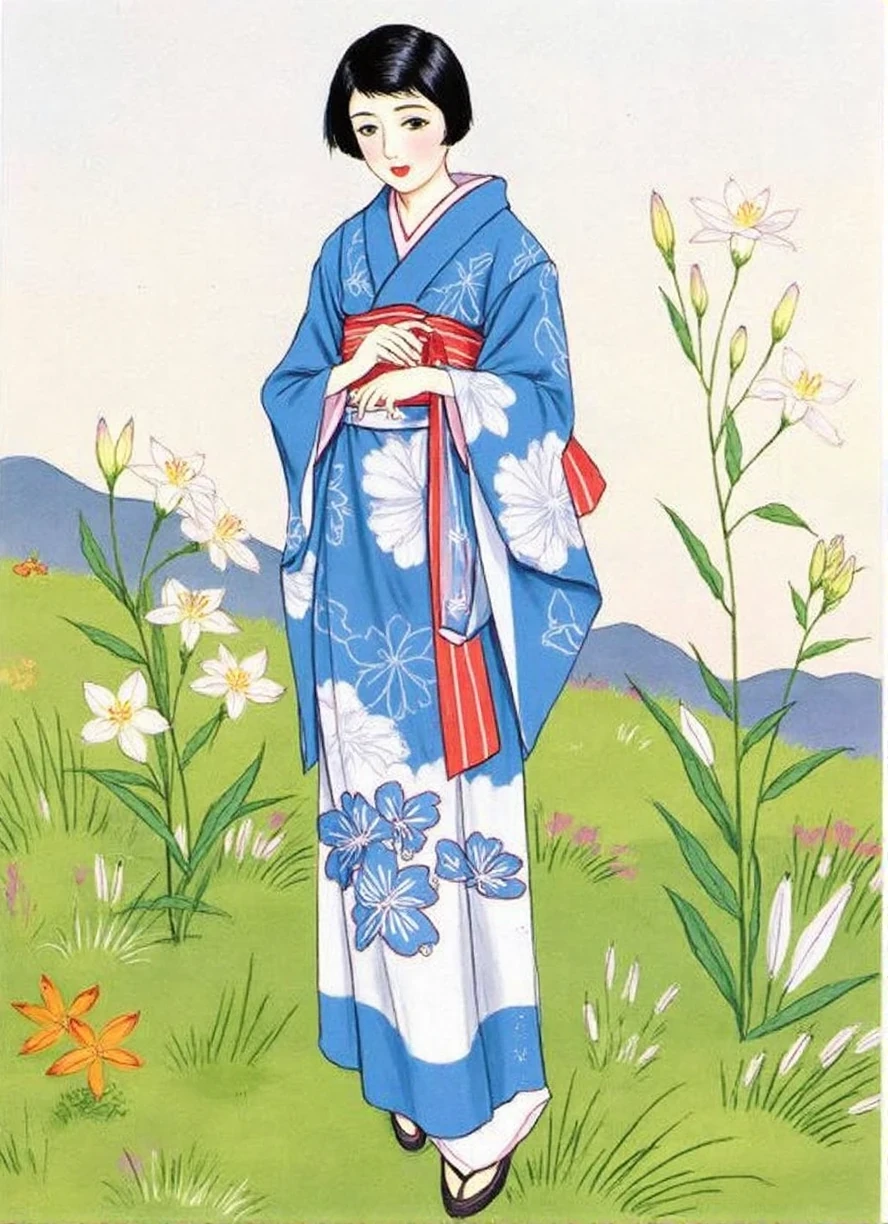 shigerusudo illustration, a woman in a blue and white kimono standing near some lilies on a grassy hill