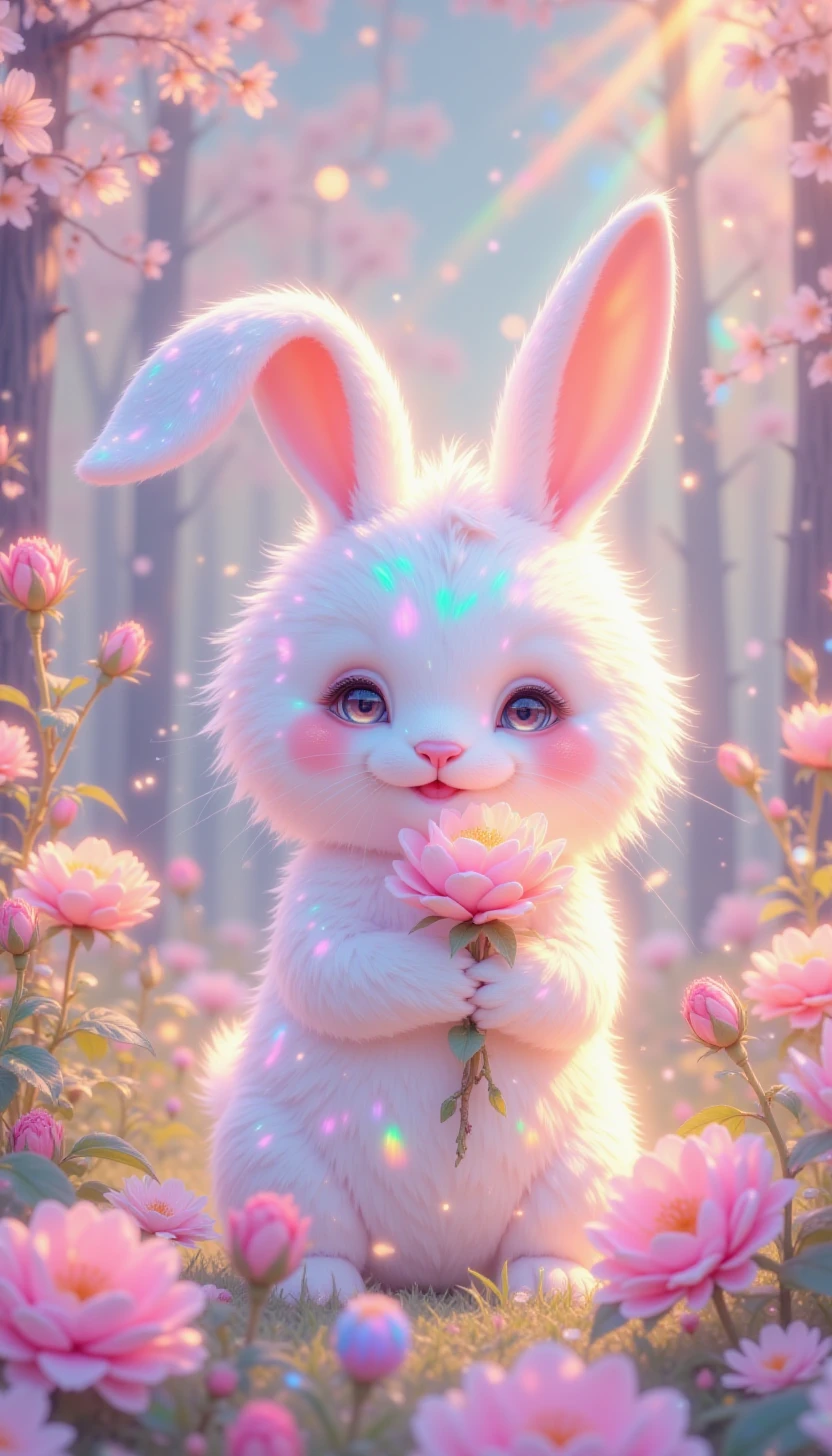 pinkiridescent, A floppy ears white tiny bunny hugging a rose, garden full of colorful roses, happy expression, floral garland