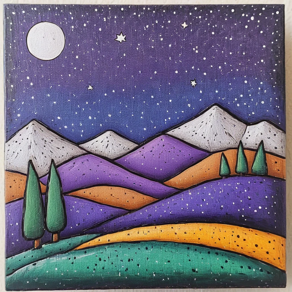 <lora:Naive_Storybook_NouveauSDXL:1> ArsMJStyle, Naive Storybook Nouveau, The image shows a painting of a night sky with a full moon stars and mountains in the background. The painting is on a board and is an acrylic painting measuring 8 x 8 inches created by artist Laura D., no humans, moon, star (sky), sky, night, outdoors, night sky, full moon, starry sky, traditional media