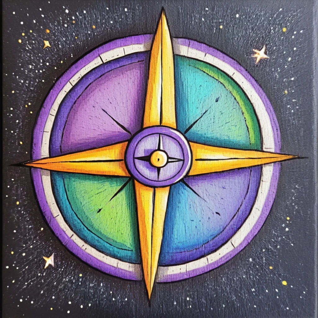 <lora:Naive_Storybook_NouveauSDXL:1> ArsMJStyle, Naive Storybook Nouveau, The image shows a painting of a compass on a black background with a vibrant array of colors including purple green yellow and blue. The compass is the focal point of the painting with its four points pointing in a circular pattern., no humans, traditional media, solo, pokemon (creature), star (sky), space