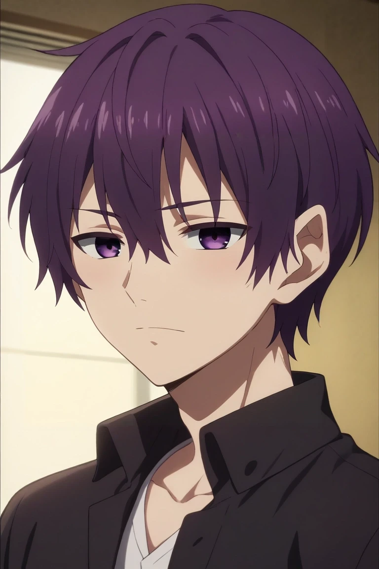 score_9, score_8_up, score_7_up, , rating_safe, intricate details, anime screencap, , official style, looking at viewer, , 1boy, solo, male focus, <lora:makino_aikawa_pony:0.78>, makino_aikawa, purple hair, purple eyes, short hair, hair between eyes, bangs, , , ,, <lora:sdxl_lightning_8step_lora:1>