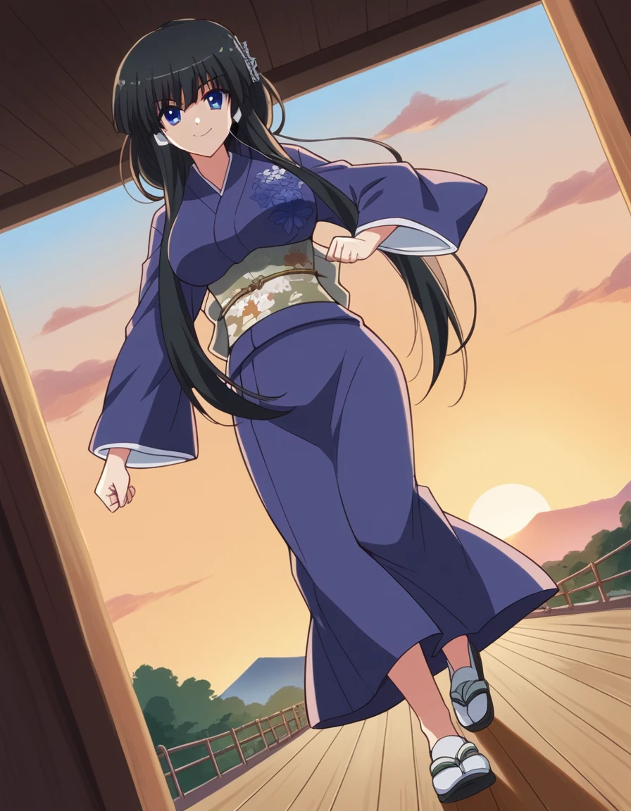 score_9, score_8_up, score_7_up, source_anime, <lora:senka-yorozu-s1-ponyxl-lora-nochekaiser:1>, senka yorozu, long hair, blue eyes, black hair, hair ornament, very long hair, large breasts,, long sleeves, japanese clothes, kimono, sash, obi, suburban neighborhood, morning jog, earphones, running shoes, fresh air, sunrise, smile, , from below, solo,, cowboy shot, dutch angle,