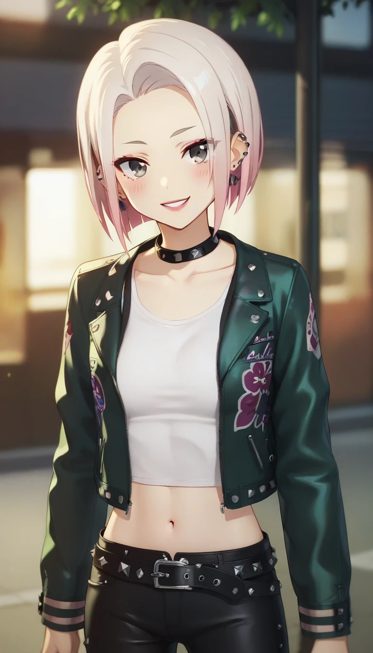 score_9,score_8_up,score_7_up,score_6_up BREAK official art,solo,outdoors,upper body,(portrait:1.5),looking at viewer,facing viewer,smile,blush,taut clothes,Kyoko,medium hair,white hair,multicolored hair,pink hair,jewelry,earrings,ear piercing,forehead,parted bangs,eyeshadow,grey eyes,lipstick,black choker,collarbone,midriff,green jacket,floral print,open jacket,white tank top,long sleeves,white sleeves,small breasts,black belt,studded belt,belt buckle,black pants,leather pants,high heel boots,black footwear,<lora:Kyoko(gbc)-Pony:1.3>,