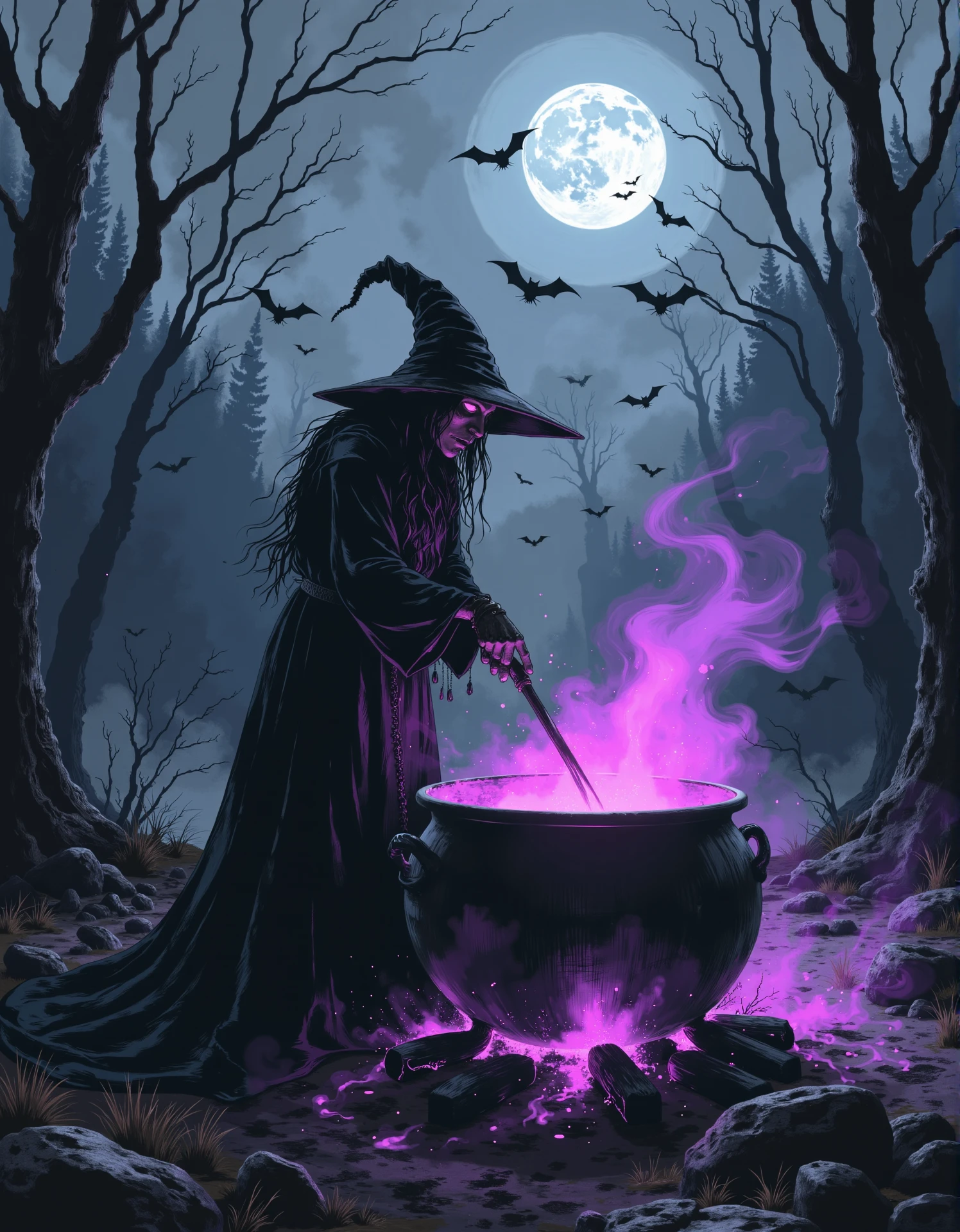 A witch stirring a large cauldron, in the forest, full moon in the sky, bats, purple aura. <lora:Witchcore:0.8> w1tchc0re