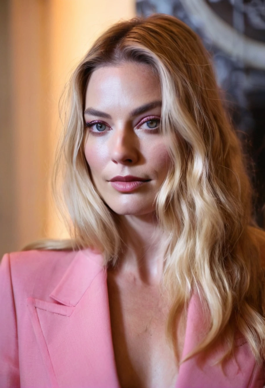a beautiful picture of m4rgot,blonde hair, long hair,upper body, photorealistic, woman, detailed face, backlighting, light, RAW color photo,(fully in frame:1.1), looking at viewer,(goosebumps:0.5),wearing a pink suit,indoors, <lora:m4rgot (19):1>