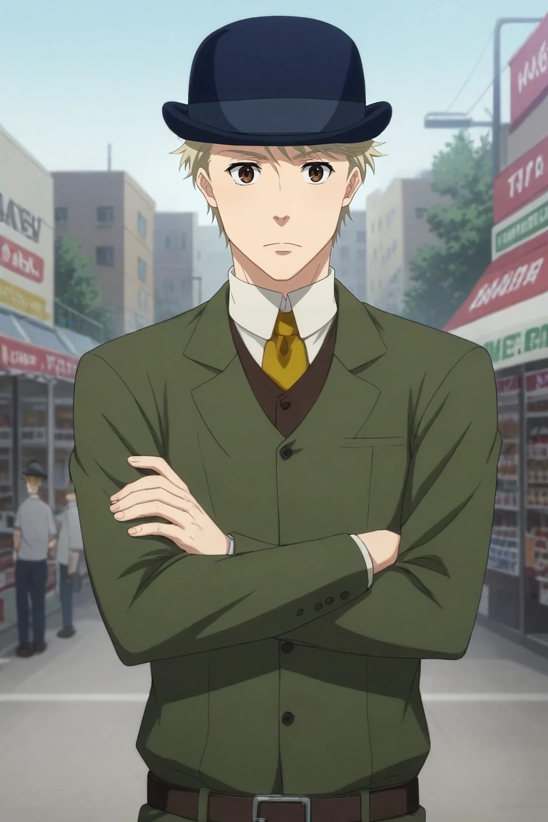 score_9, score_8_up, score_7_up, source_anime, rating_safe, intricate details, (photorealistic:0.6), looking at viewer, , 1boy, solo, male focus, <lora:john_h_watson_pony:0.76>, john_h_watson, blonde hair, brown eyes, short hair, hat, rule of thirds, store, convenience store, day, crossed arms, squinting, robot costume, <lora:sdxl_lightning_8step_lora:1>