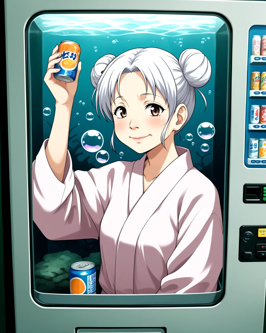 <lora:vending_machine_SDXL:0.5>, old woman, anime, wrinkled skin, nasolabial fold, long sleeves, vending machine, upper_body, water, hair_bun, arm_up, double_bun, canned food, air_bubble, underwater, against_glass, air_conditioner