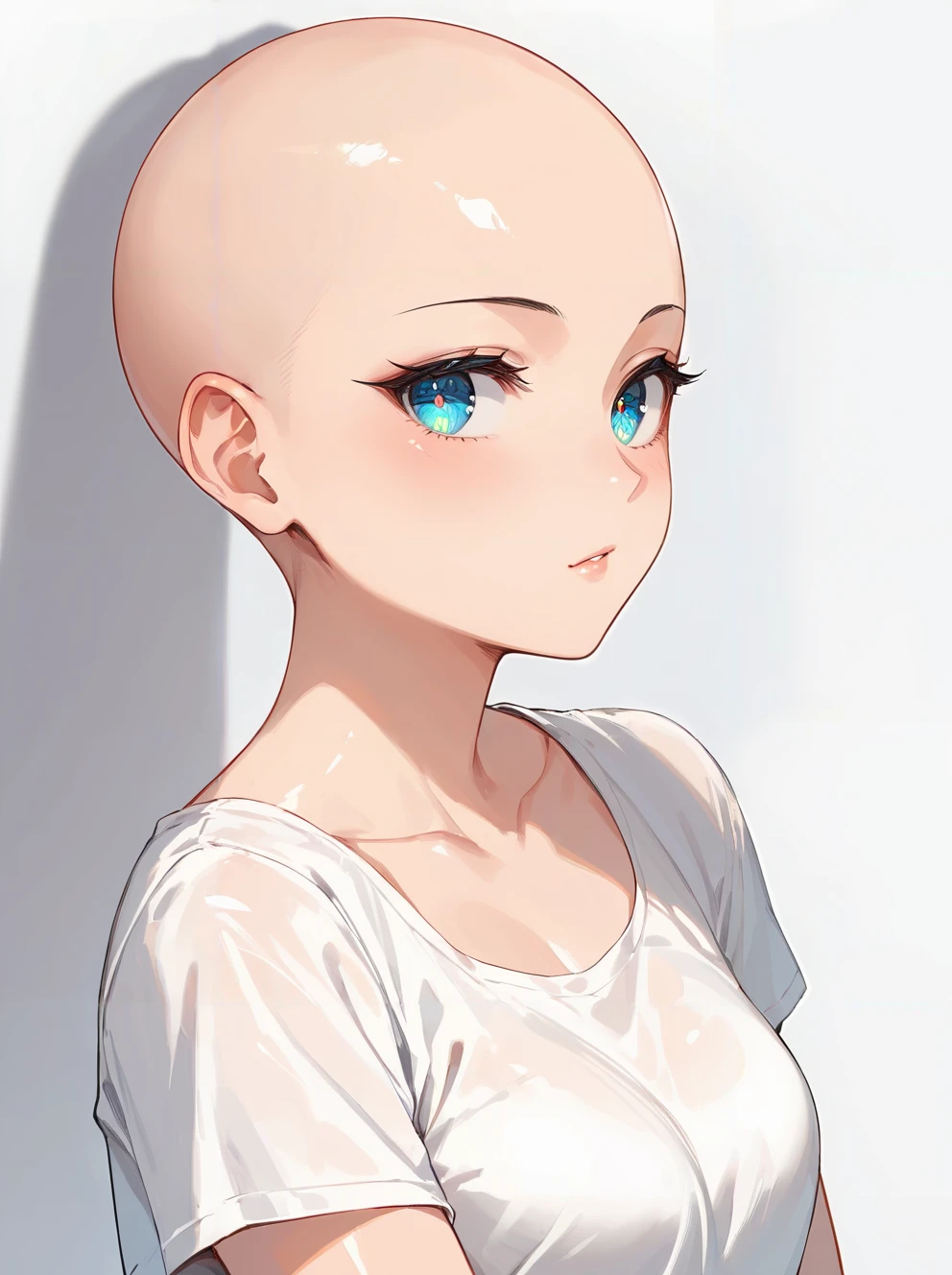 score_9, score_8_up, score_7_up,source_anime, high res image,masterpiece,best quality,(girl:1.0),cute face,clear skin,shiny hair,ultra detailed eyes,simple background, <lora:bald_pony_V1.0:0.5> bald