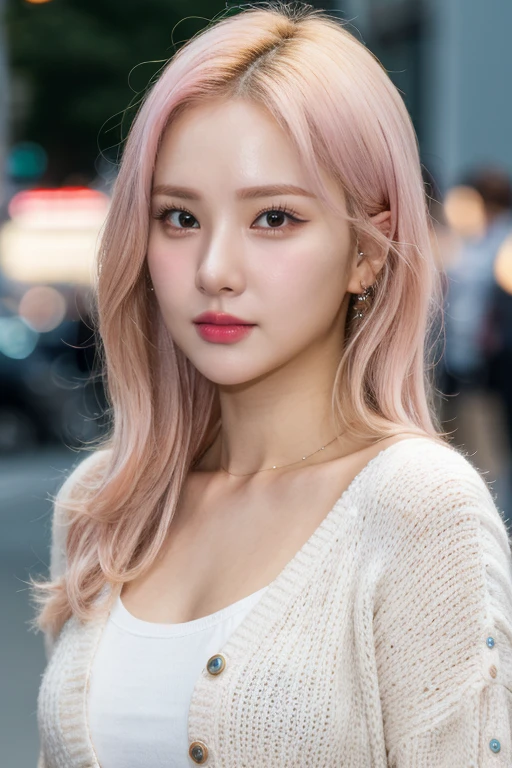 masterpiece, best quality, ultra-detailed, ultra high res, (photorealistic:1.4), raw photo, (realistic:0.2), 8k HDR, realistic lighting, 1girl, solo, (asian:0.2), asymmetrical pink blonde hair, outdoors, bokeh, (detailed lips), (detailed pores), (detailed skin textures), (detailed face:1.2), (upper body:1.3), cardigan,