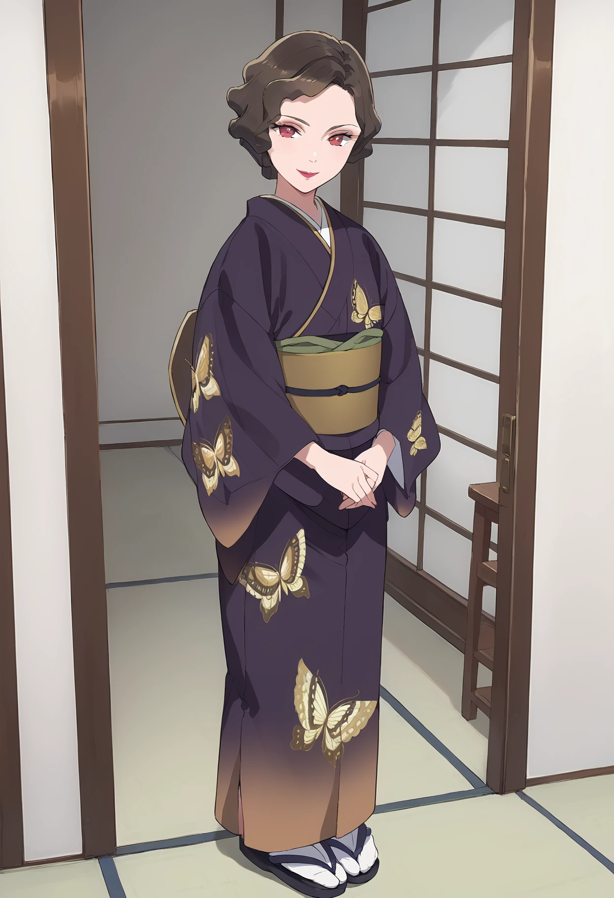 score_9, score_8_up, score_7_up, , score_ANIME , saimorikanoko, 1girl, print kimono, solo, short hair, smile, obi, brown hair,, eyeshadow, butterfly print, looking at viewer, purple kimono, red eyes, standing, wide sleeves, closed mouth, long sleeves, lipstick, curly hair <lora:saimorikanoko_pony:1>mature female,full body,   indoors,  sliding doors, tabi, single hair bun,