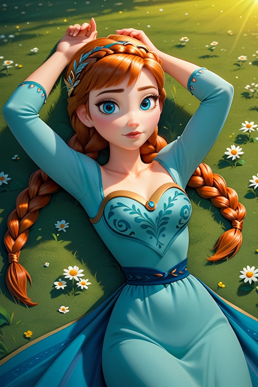 score_9, score_8_up, score_7_up,
<lora:DisneyAnna:0.8>
DisneyAnna, 1girl, orange hair, blue eyes, twin braids, looking at viewer, lying in a field of wildflowers, arms stretched out, sun shining through the clouds, soft and warm lighting, peaceful and nature-connected feeling