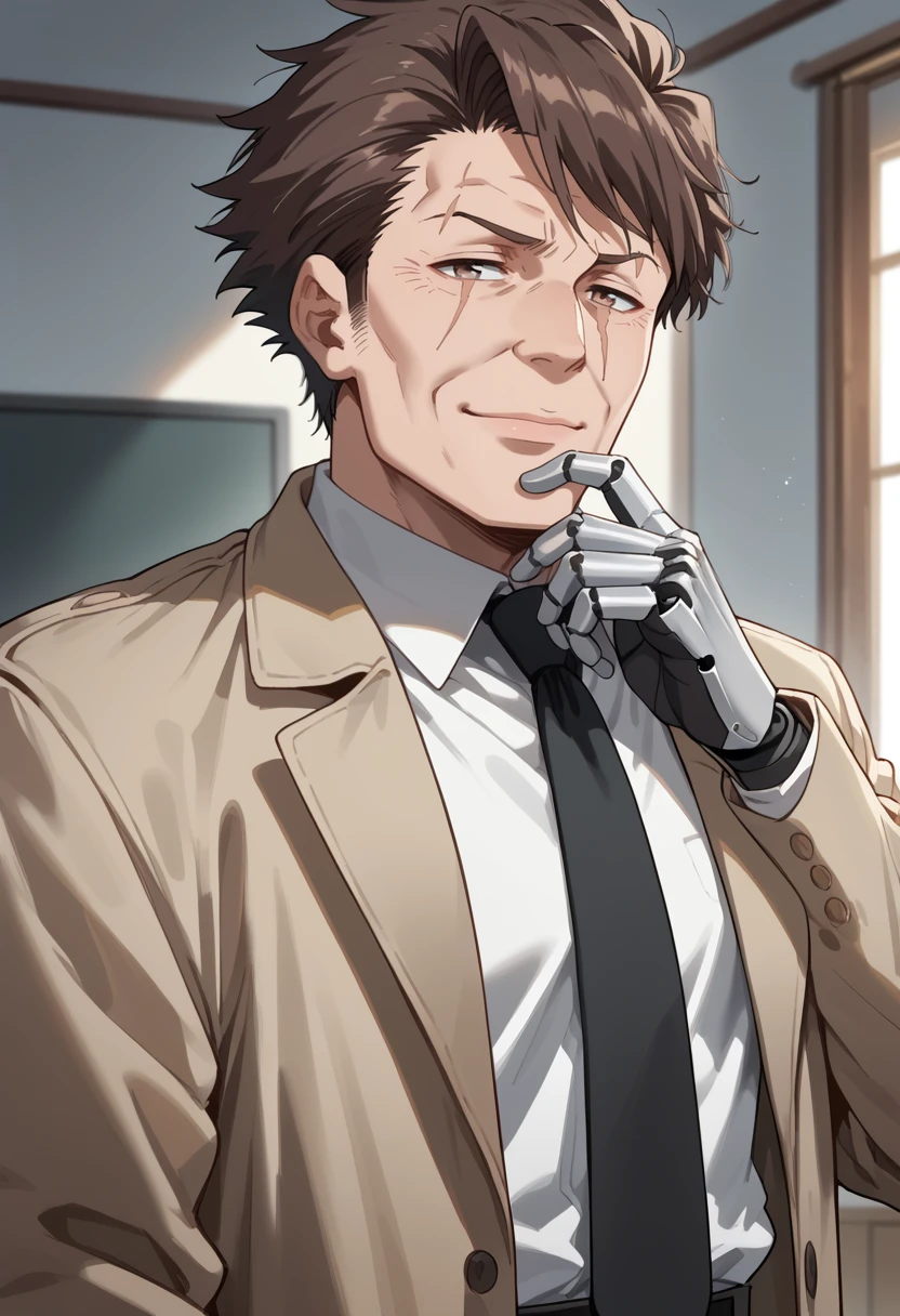 score_9, score_8_up, score_7_up, score_6_up, source_anime, absurdres, highres, 
hand on own chin,
masaoka tomomi, 1boy, solo, mature male, light smile, closed mouth, brown hair, white shirt, mouth scar, male focus, collared shirt, grey eyes, (half-closed eyes:0.8), black necktie, trench coat, mechanical arms, single mechanical arm, portrait, old,  <lora:Tomomi_Masaoka__Psycho-Pass:0.8>