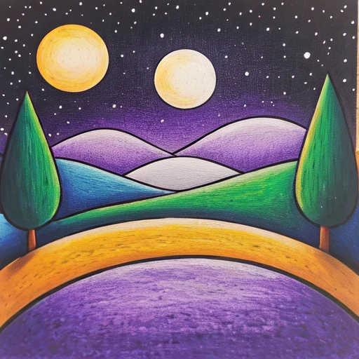 <lora:Naive_Storybook_Nouveau:1> ArsMJStyle, Naive Storybook Nouveau, The image shows a painting of a night sky with a full moon stars and mountains in the background. The painting is on a board and is an acrylic painting measuring 8 x 8 inches created by artist Laura D., no humans, moon, star (sky), sky, night, outdoors, night sky, full moon, starry sky, traditional media