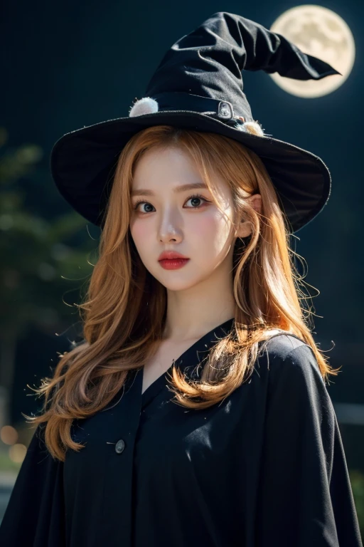 1girl, solo, 4k HDR, realistic, ultra detailed, natural lighting, wearing a witch outfit with long hair, halloween theme background with gloomy pumpkin glowing in the dark and full moon, scattered cloud, asymmetrical wavy long hair, (detailed face), (detailed background :1.1), upper body, wearing witch hat, black shirt under magic pattern robe,