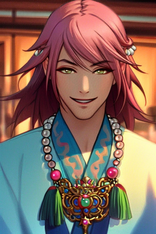 (masterpiece),(best_quality),1boy,Kongouman,pink hair,hanfu,necklace,smile,<lora:Kongouman:1>,