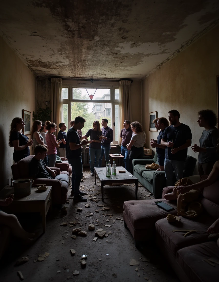 A crowded living room during a party, people chatting in small groups while someone pours drinks at a side table., <lora:urban_decay_v20_rank64_bf16-step02016:1>, urban_decay_rooms