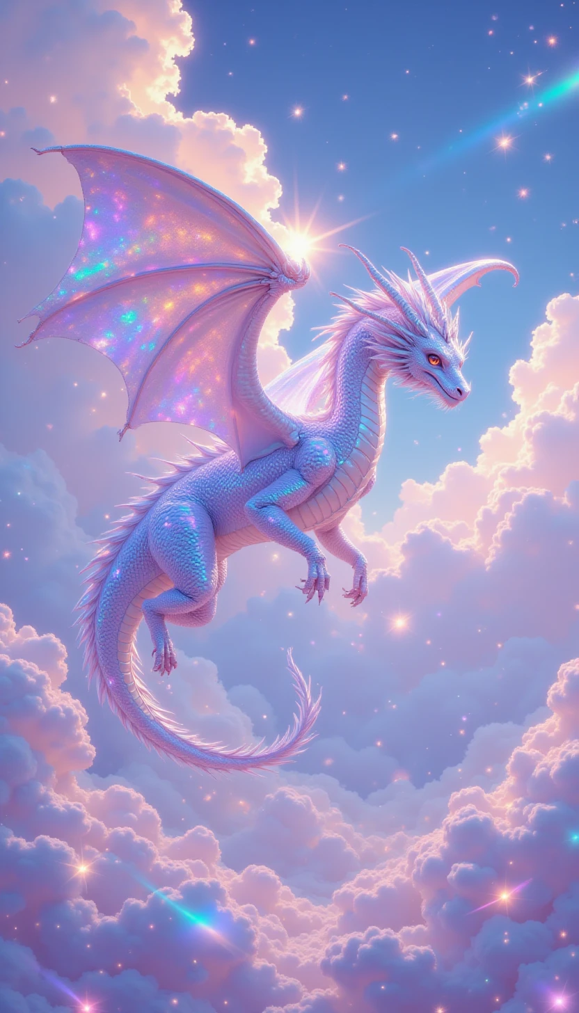 pinkiridescent,A majestic dragon soaring through the sky, its scales glowing with an iridescent effect. The dragon's body shifts from deep blue to vibrant purple and silver as it moves through the clouds, leaving behind a trail of shimmering particle