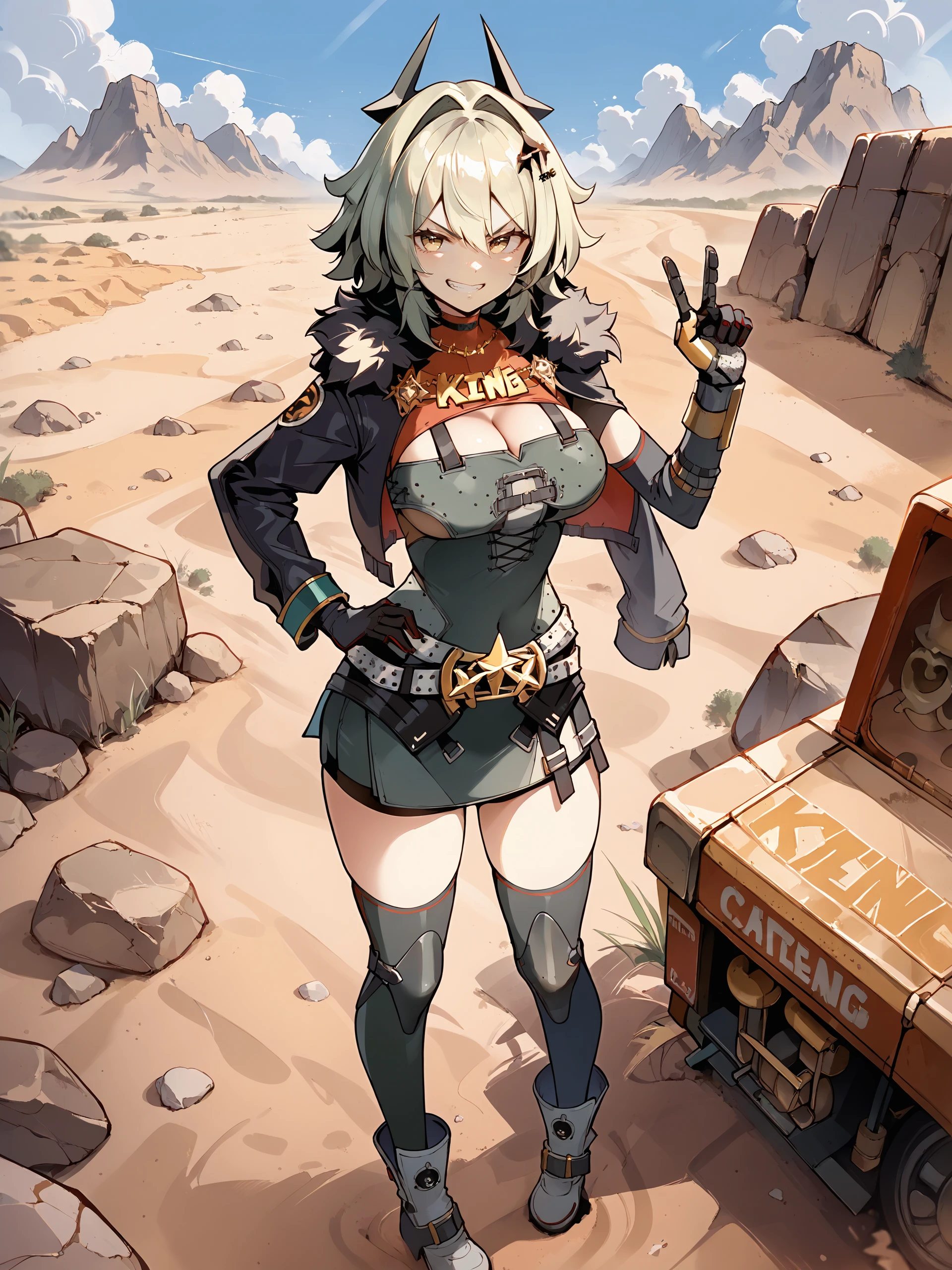 1girl, caesar king \(zenless zone zero\), horns, x hair ornament, hairclip, turtleneck sweater, mechanical arms, pencil dress, fur-trimmed jacket, arm out of sleeveknee pads, ankle boots, full body, standing, grin, v-shaped eyebrows, looking at viewer, hand on hip, outdoors, desert <lora:Char-ZZZ-Caesar-Pony-V1:1>, score_9, score_8_up, score_7_up, source_anime