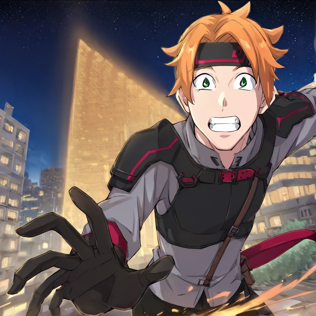 <lora:ToddFang:1>, todd, young man, short spiky orange hair, green eyes, sharp canine teeth, wears a headband, red undershirt with long sleeves, grey overshirt with short sleeves, black pants, black boots, black gloves, chest protector, shoulder pads, with small red stripes, headband with red and black color pallet, and a small red and black battle axe, solo, city, daytime, scared, screaming, running